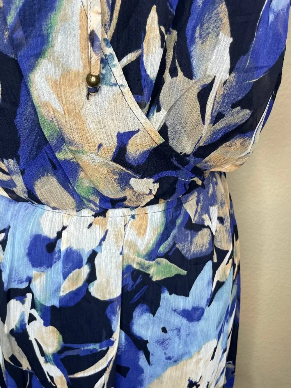 LOVESTITCH Boho Chiffon Halter Dress Blue Floral Surplice Wrap Flounce Trim L - Picture 4 of 15
